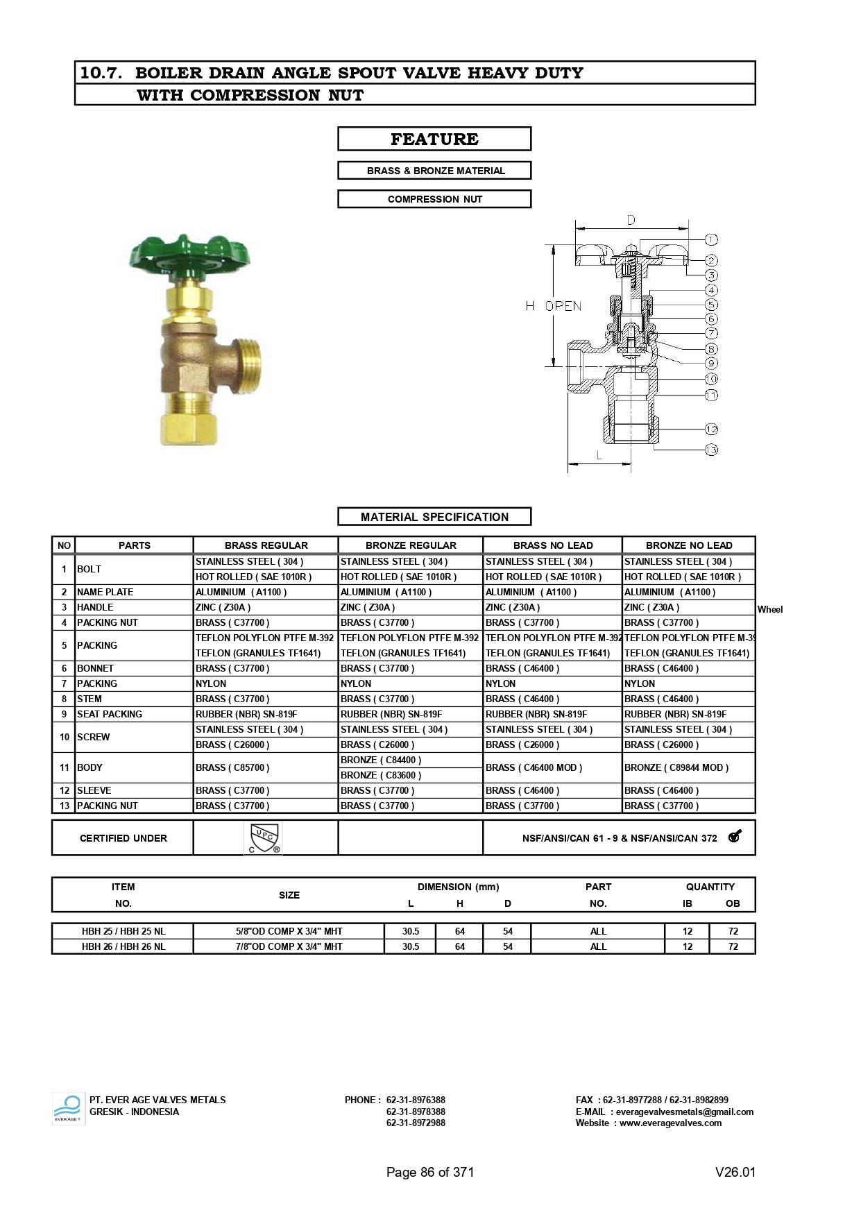 BOILER DRAIN ANGLE SPOUT VALVES HEAVY DUTY WITH COMP. NUT - HBH 25 - HBH 26